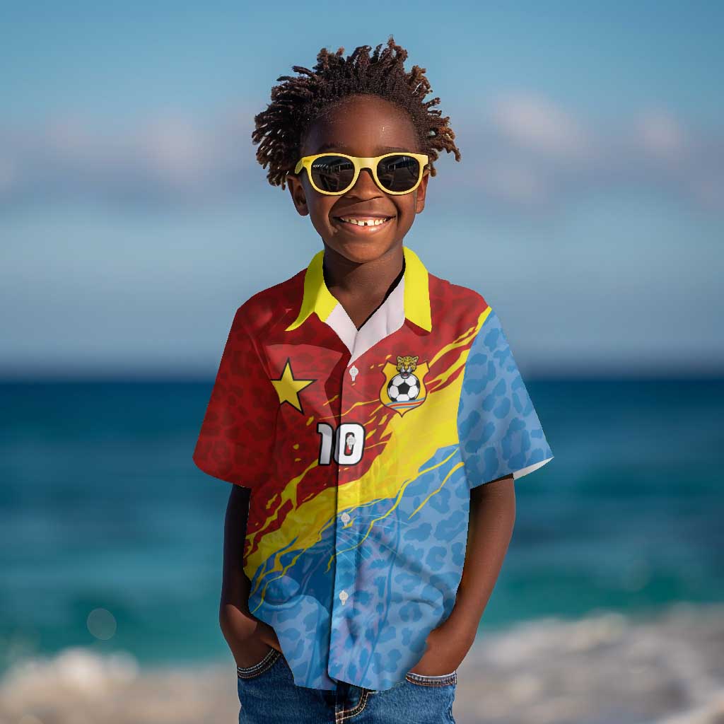 Custom DR Congo Leopards Football Kid Hawaiian Shirt Abstract Leopard Pattern With National Colors And Crest