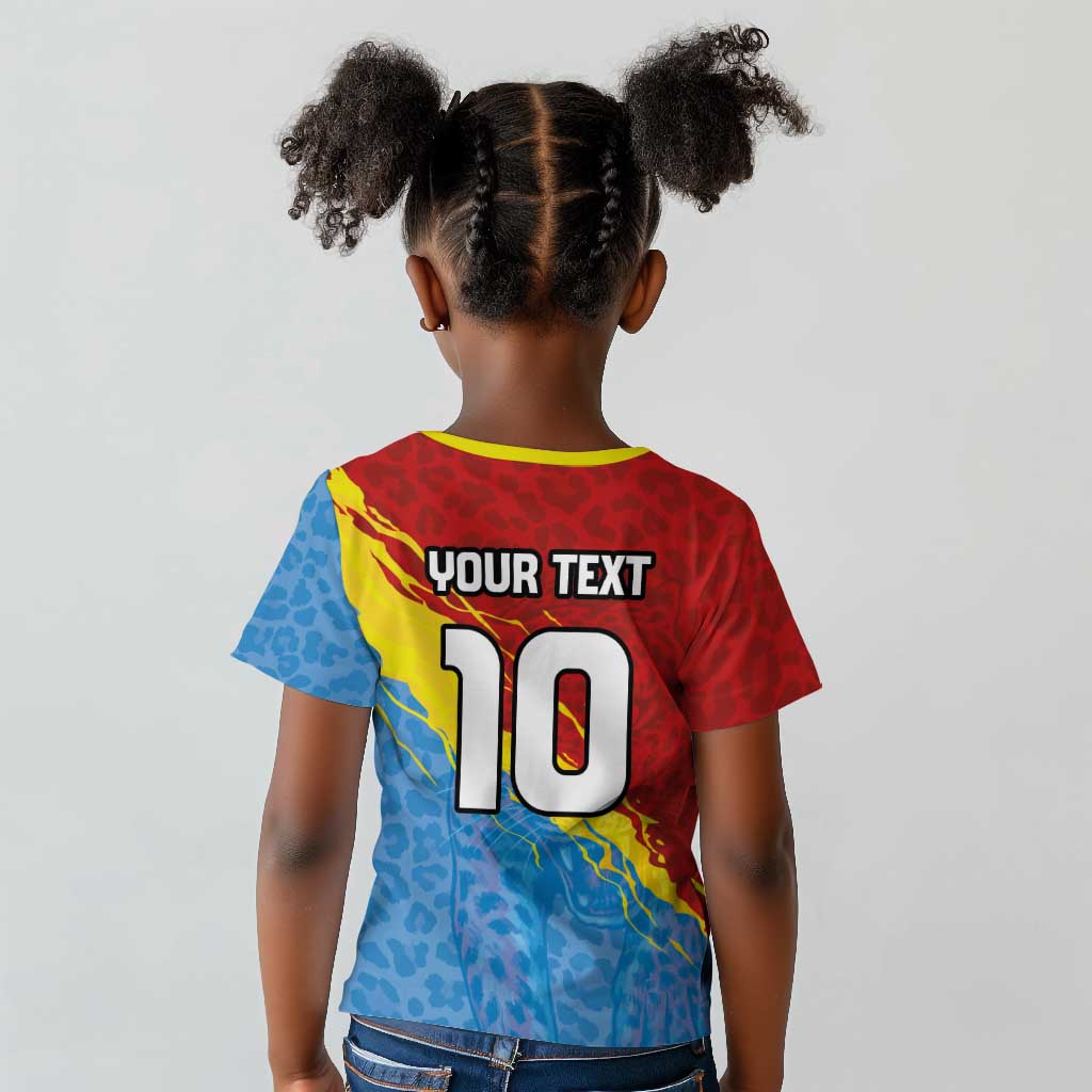 Custom DR Congo Leopards Football Kid T shirt Abstract Leopard Pattern With National Colors And Crest