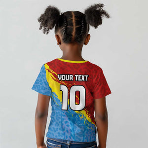 Custom DR Congo Leopards Football Kid T shirt Abstract Leopard Pattern With National Colors And Crest