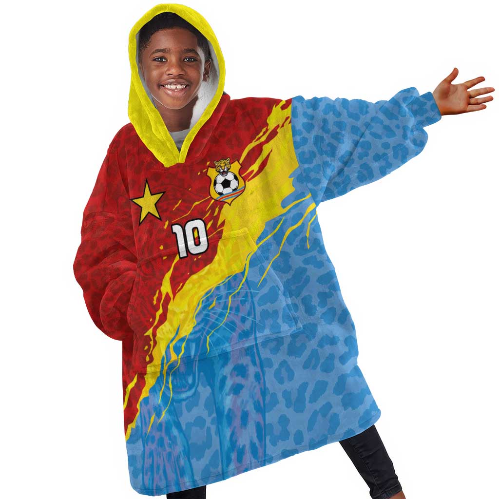 Custom DR Congo Leopards Football Kid Wearable Blanket Hoodie Abstract Leopard Pattern With National Colors And Crest
