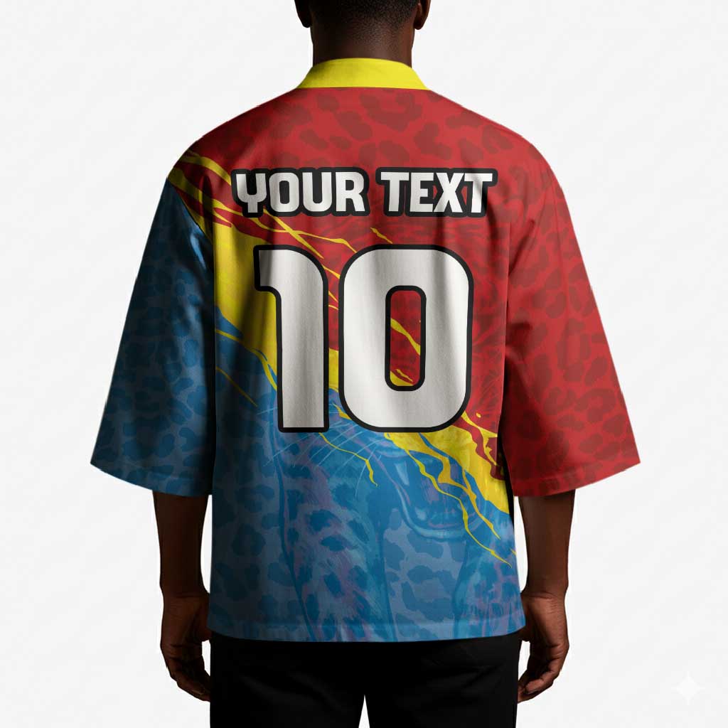 Custom DR Congo Leopards Football Kimono Abstract Leopard Pattern With National Colors And Crest