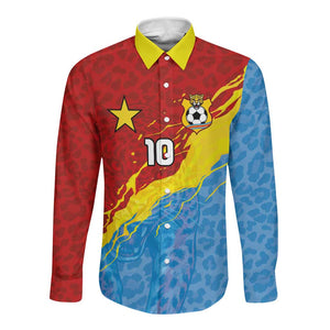 Custom DR Congo Leopards Football Long Sleeve Button Shirt Abstract Leopard Pattern With National Colors And Crest