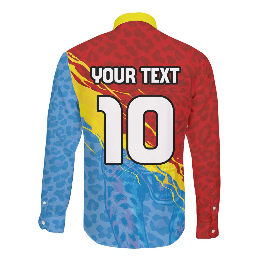 Custom DR Congo Leopards Football Long Sleeve Button Shirt Abstract Leopard Pattern With National Colors And Crest