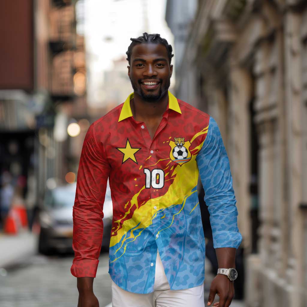 Custom DR Congo Leopards Football Long Sleeve Button Shirt Abstract Leopard Pattern With National Colors And Crest
