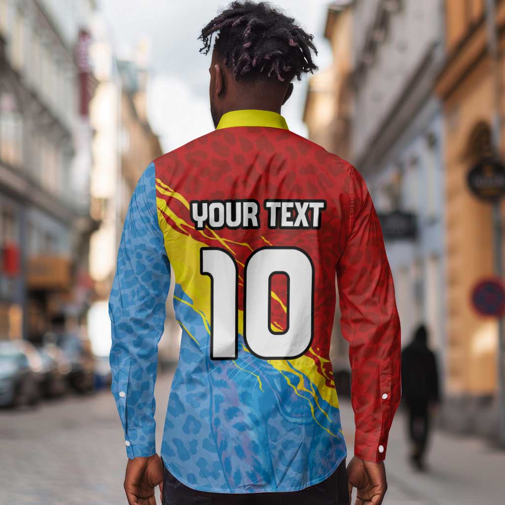 Custom DR Congo Leopards Football Long Sleeve Button Shirt Abstract Leopard Pattern With National Colors And Crest