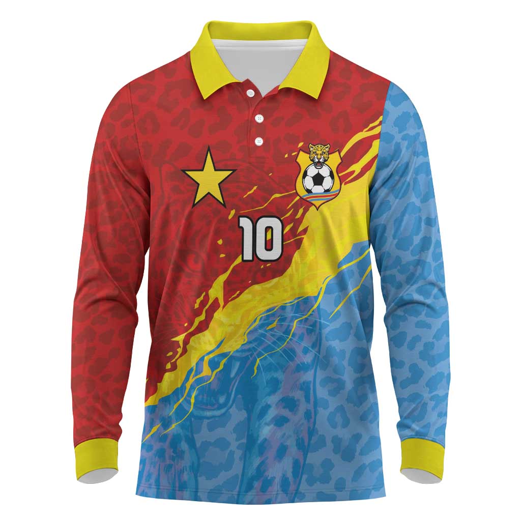 Custom DR Congo Leopards Football Long Sleeve Polo Shirt Abstract Leopard Pattern With National Colors And Crest