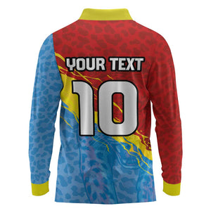 Custom DR Congo Leopards Football Long Sleeve Polo Shirt Abstract Leopard Pattern With National Colors And Crest