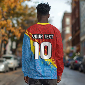 Custom DR Congo Leopards Football Long Sleeve Shirt Abstract Leopard Pattern With National Colors And Crest