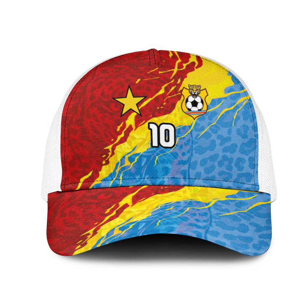 Custom DR Congo Leopards Football Mesh Trucker Cap Abstract Leopard Pattern With National Colors And Crest