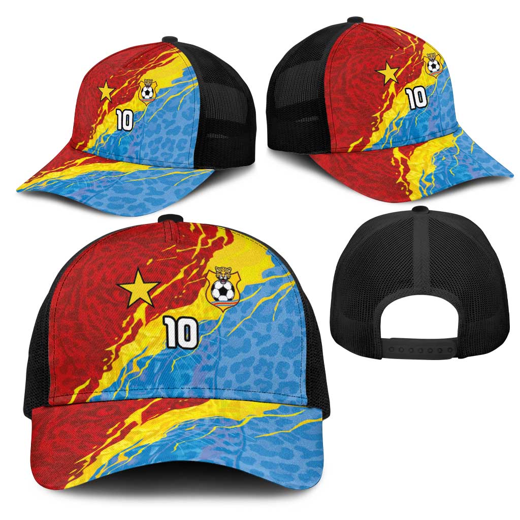 Custom DR Congo Leopards Football Mesh Trucker Cap Abstract Leopard Pattern With National Colors And Crest