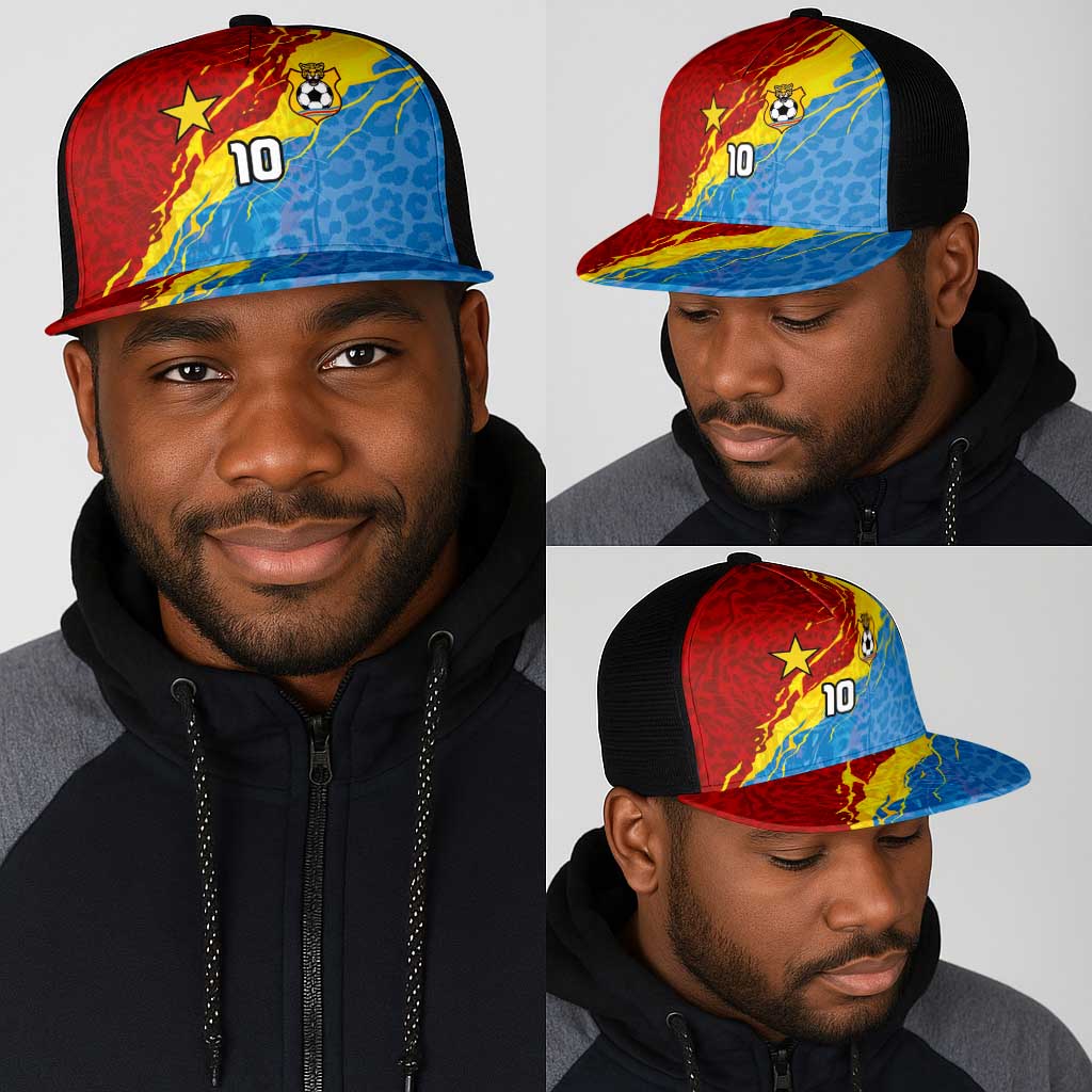 Custom DR Congo Leopards Football Mesh Trucker Cap Abstract Leopard Pattern With National Colors And Crest