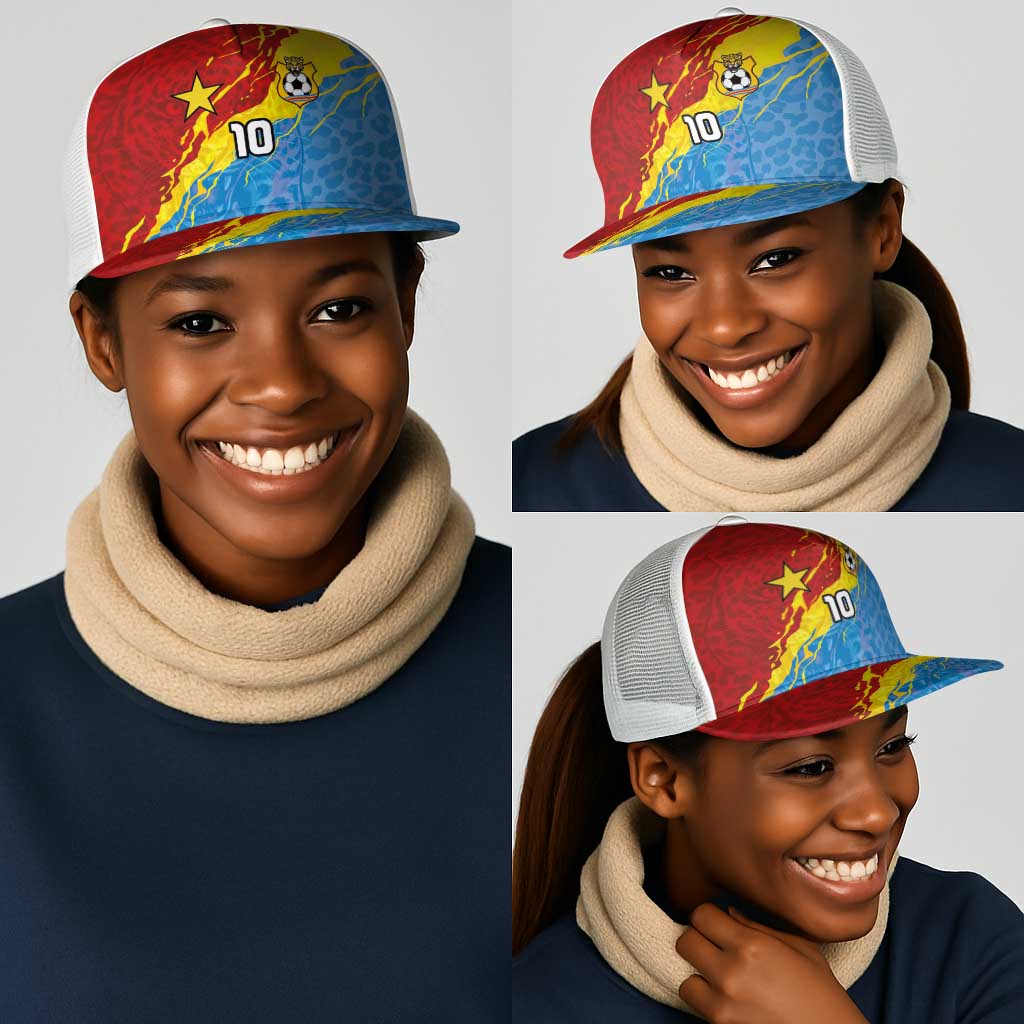 Custom DR Congo Leopards Football Mesh Trucker Cap Abstract Leopard Pattern With National Colors And Crest