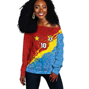 Custom DR Congo Leopards Football Off Shoulder Sweater Abstract Leopard Pattern With National Colors And Crest