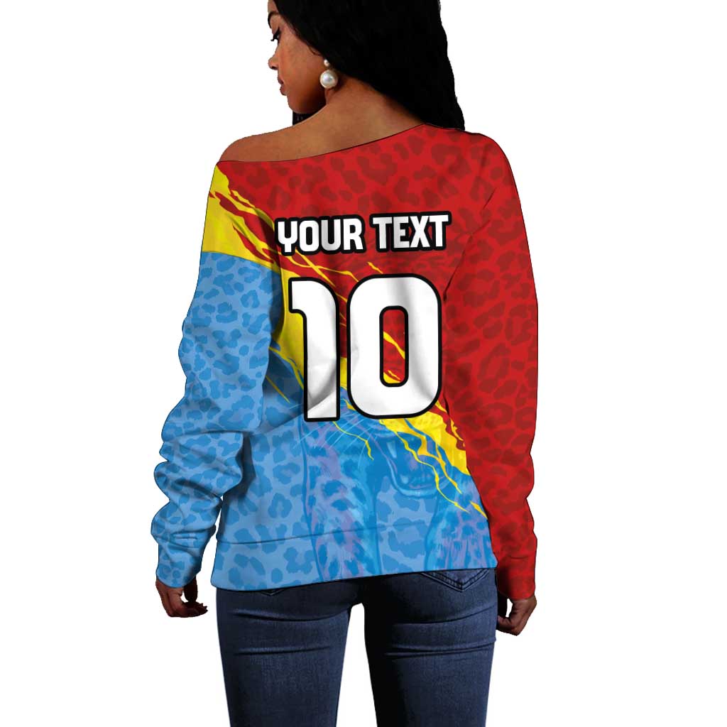 Custom DR Congo Leopards Football Off Shoulder Sweater Abstract Leopard Pattern With National Colors And Crest
