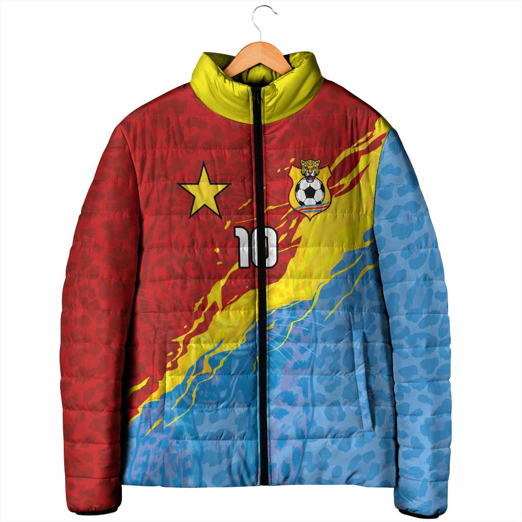 Custom DR Congo Leopards Football Padded Jacket Abstract Leopard Pattern With National Colors And Crest
