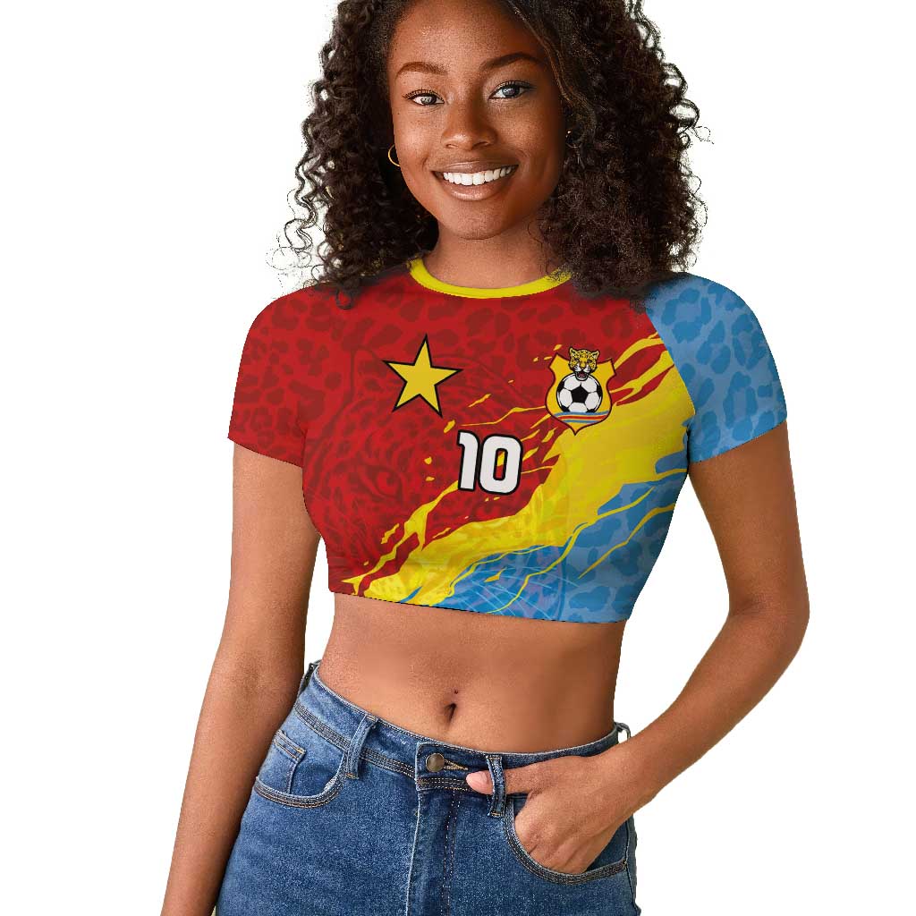 Custom DR Congo Leopards Football Raglan Cropped T shirt Abstract Leopard Pattern With National Colors And Crest