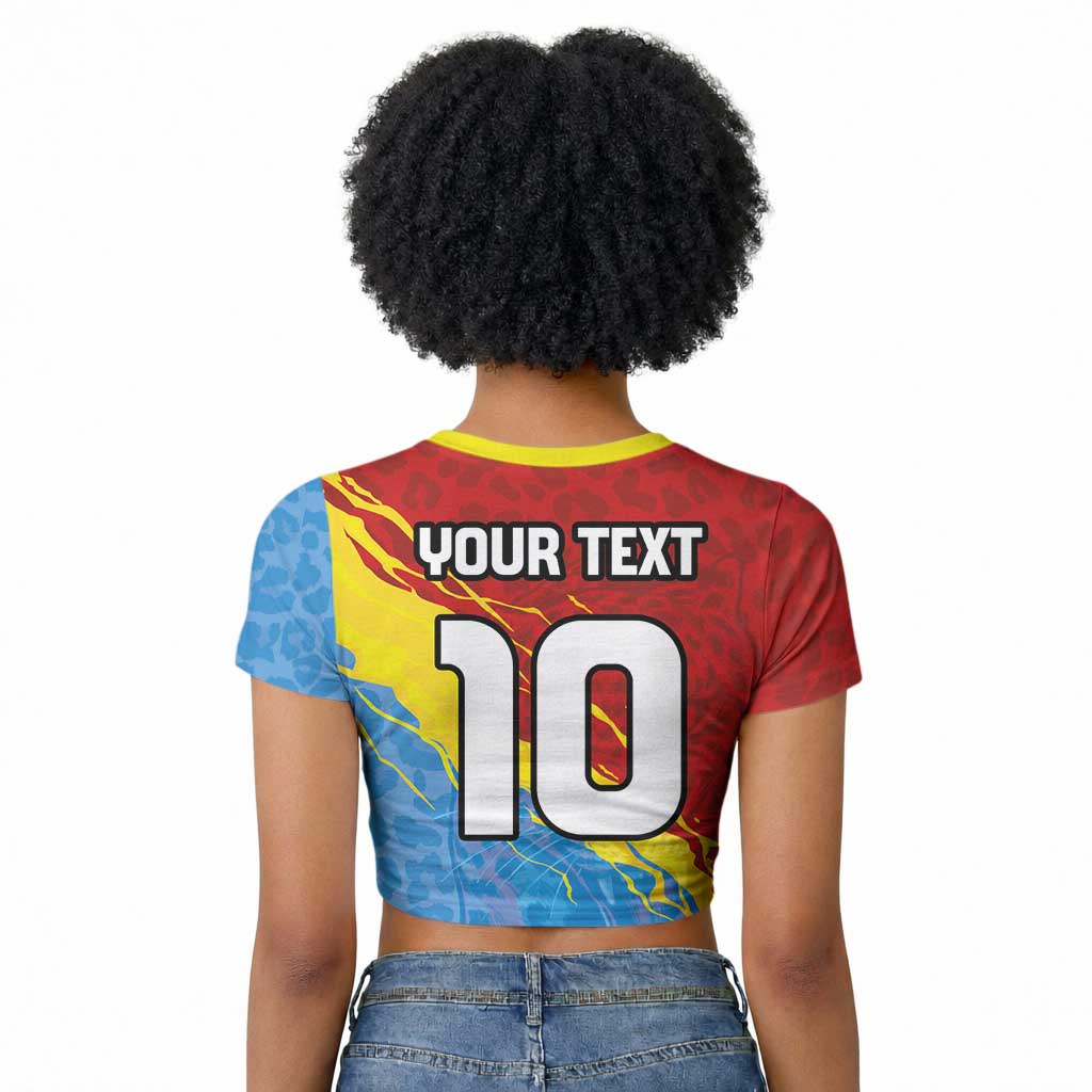 Custom DR Congo Leopards Football Raglan Cropped T shirt Abstract Leopard Pattern With National Colors And Crest