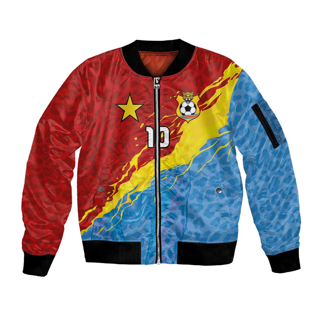 Custom DR Congo Leopards Football Sleeve Zip Bomber Jacket Abstract Leopard Pattern With National Colors And Crest