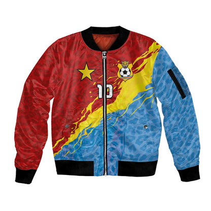 Custom DR Congo Leopards Football Sleeve Zip Bomber Jacket Abstract Leopard Pattern With National Colors And Crest