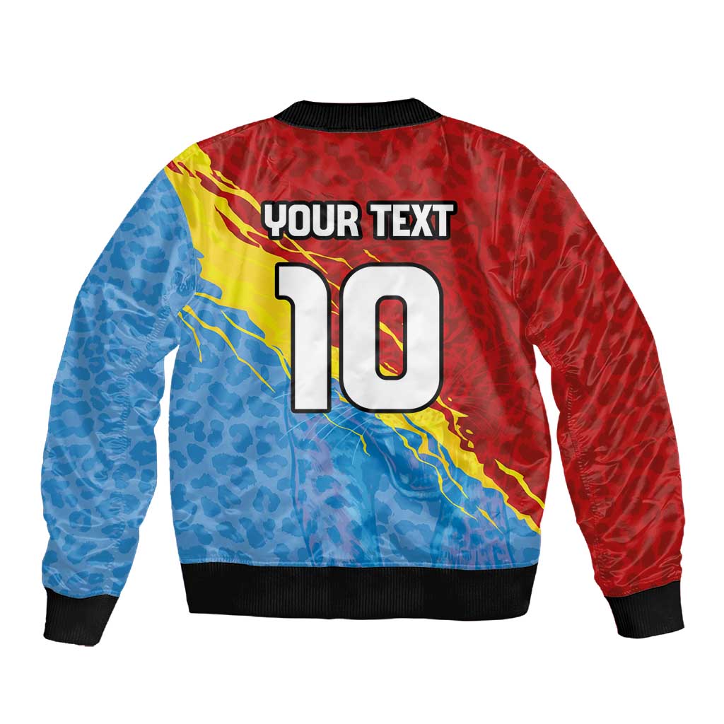 Custom DR Congo Leopards Football Sleeve Zip Bomber Jacket Abstract Leopard Pattern With National Colors And Crest