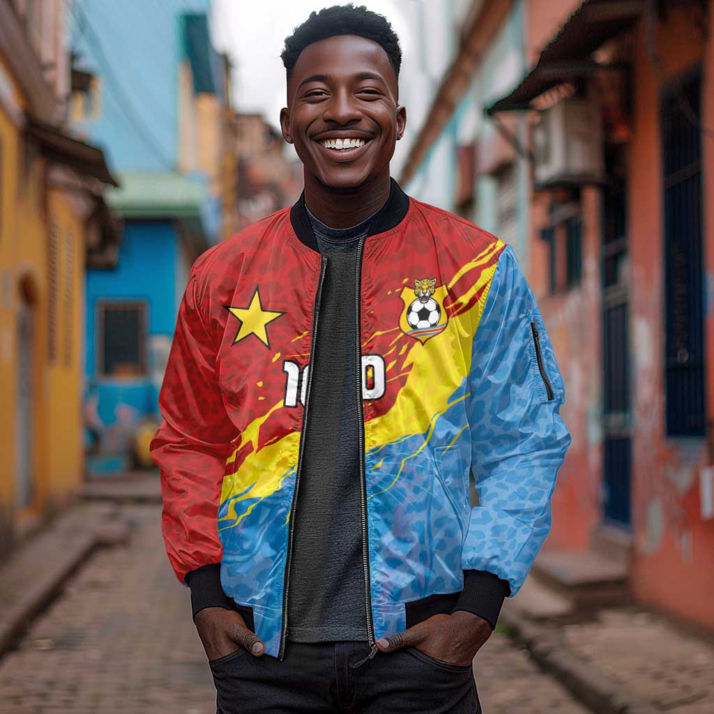 Custom DR Congo Leopards Football Sleeve Zip Bomber Jacket Abstract Leopard Pattern With National Colors And Crest