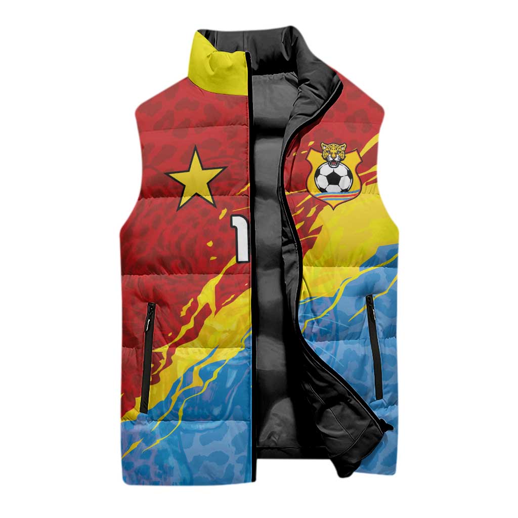 Custom DR Congo Leopards Football Sleeveless Puffer Jacket Abstract Leopard Pattern With National Colors And Crest