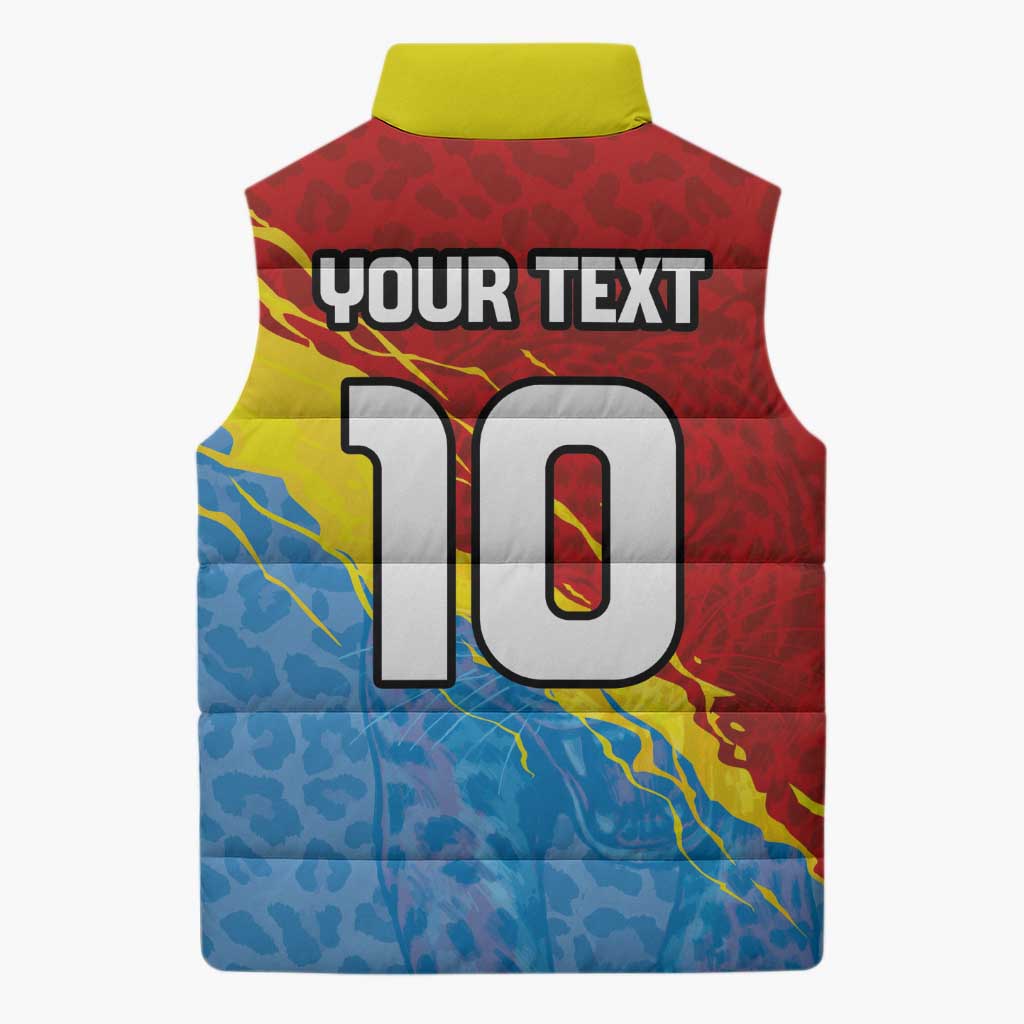 Custom DR Congo Leopards Football Sleeveless Puffer Jacket Abstract Leopard Pattern With National Colors And Crest