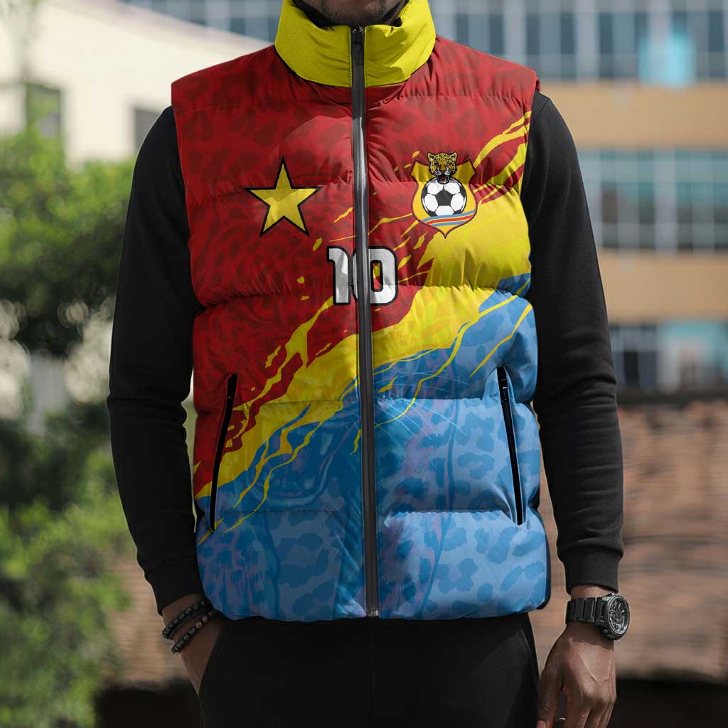 Custom DR Congo Leopards Football Sleeveless Puffer Jacket Abstract Leopard Pattern With National Colors And Crest