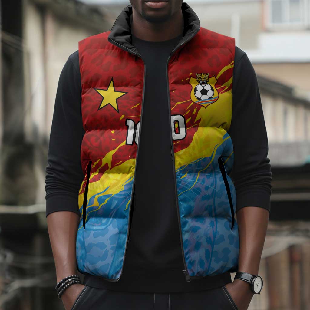 Custom DR Congo Leopards Football Sleeveless Puffer Jacket Abstract Leopard Pattern With National Colors And Crest