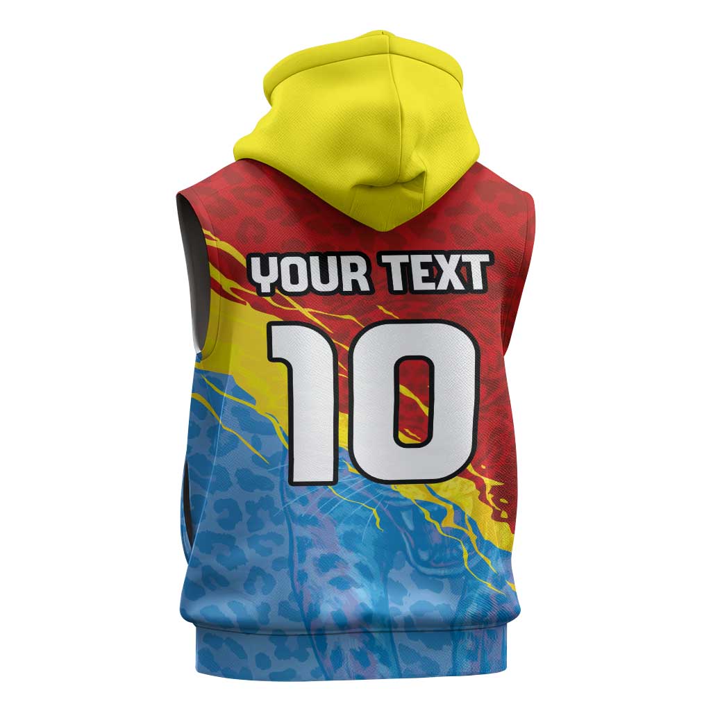 Custom DR Congo Leopards Football Sleeveless Zip Hoodie Abstract Leopard Pattern With National Colors And Crest