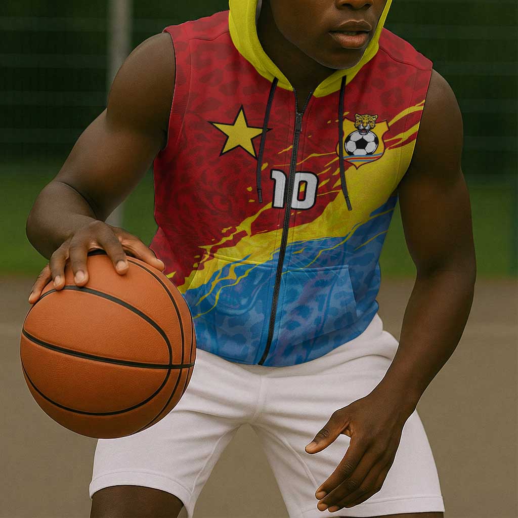 Custom DR Congo Leopards Football Sleeveless Zip Hoodie Abstract Leopard Pattern With National Colors And Crest