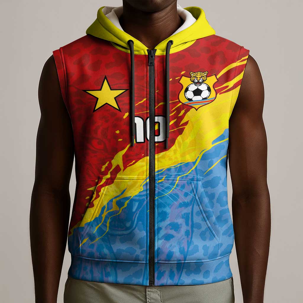 Custom DR Congo Leopards Football Sleeveless Zip Hoodie Abstract Leopard Pattern With National Colors And Crest