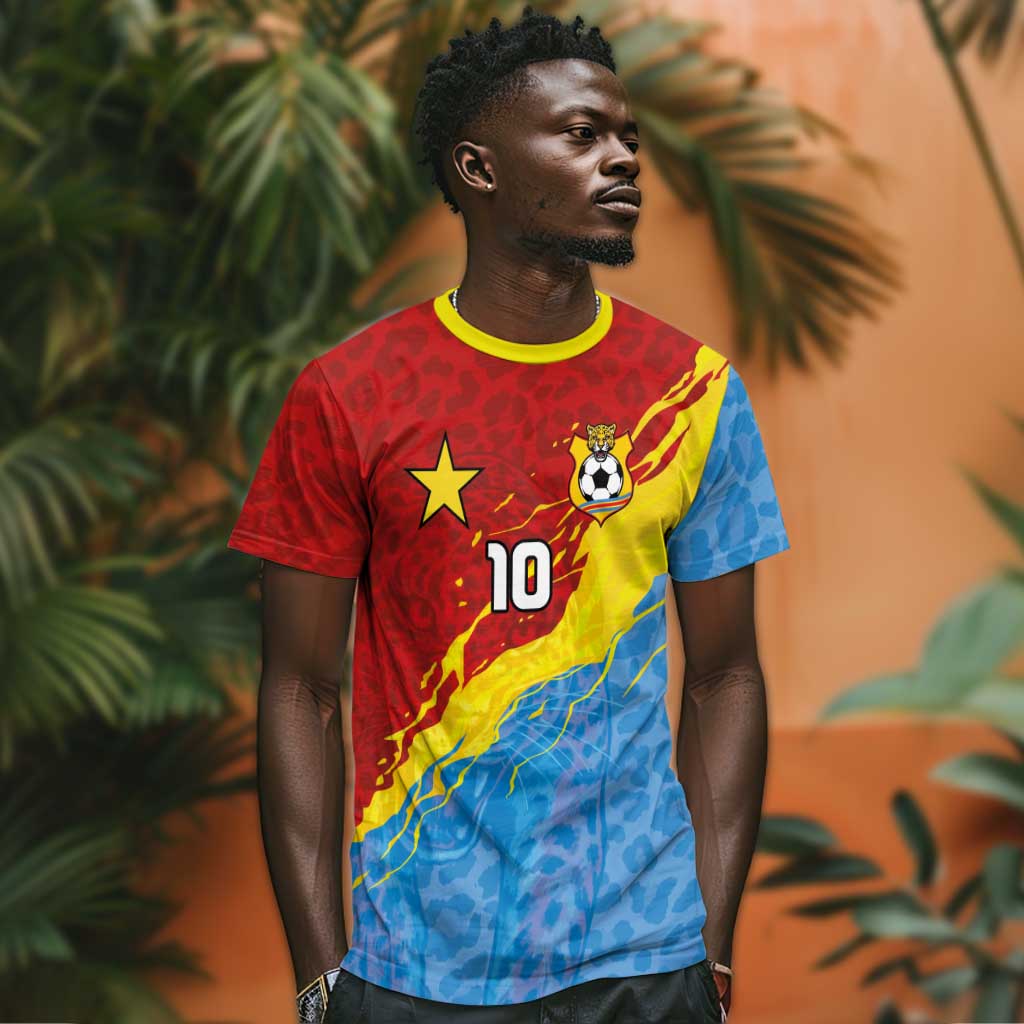 Custom DR Congo Leopards Football T shirt Abstract Leopard Pattern With National Colors And Crest