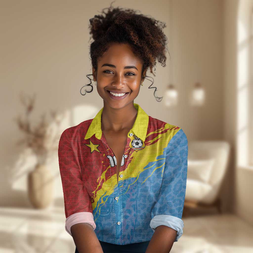 Custom DR Congo Leopards Football Women Casual Shirt Abstract Leopard Pattern With National Colors And Crest