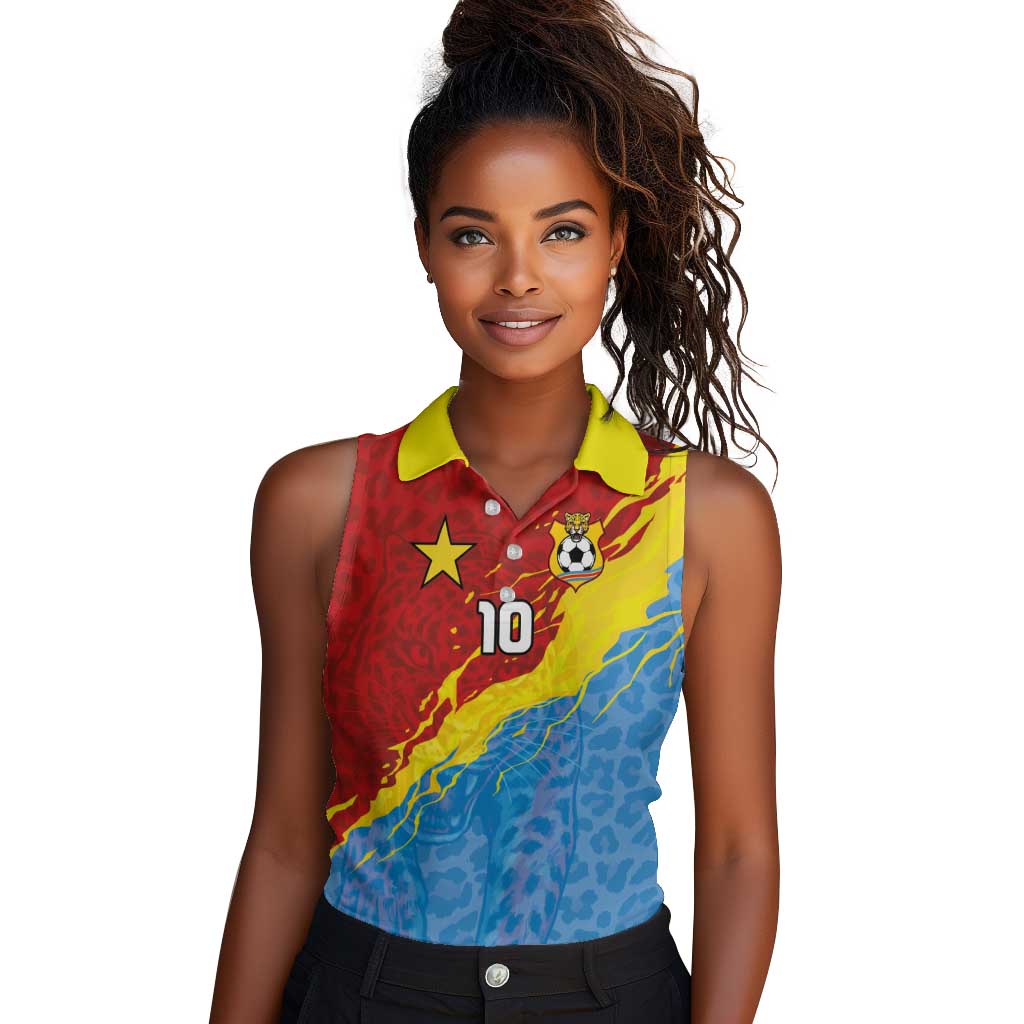 Custom DR Congo Leopards Football Women Sleeveless Polo Shirt Abstract Leopard Pattern With National Colors And Crest
