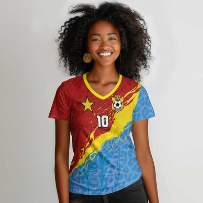 Custom DR Congo Leopards Football Women V-Neck T-Shirt Abstract Leopard Pattern With National Colors And Crest