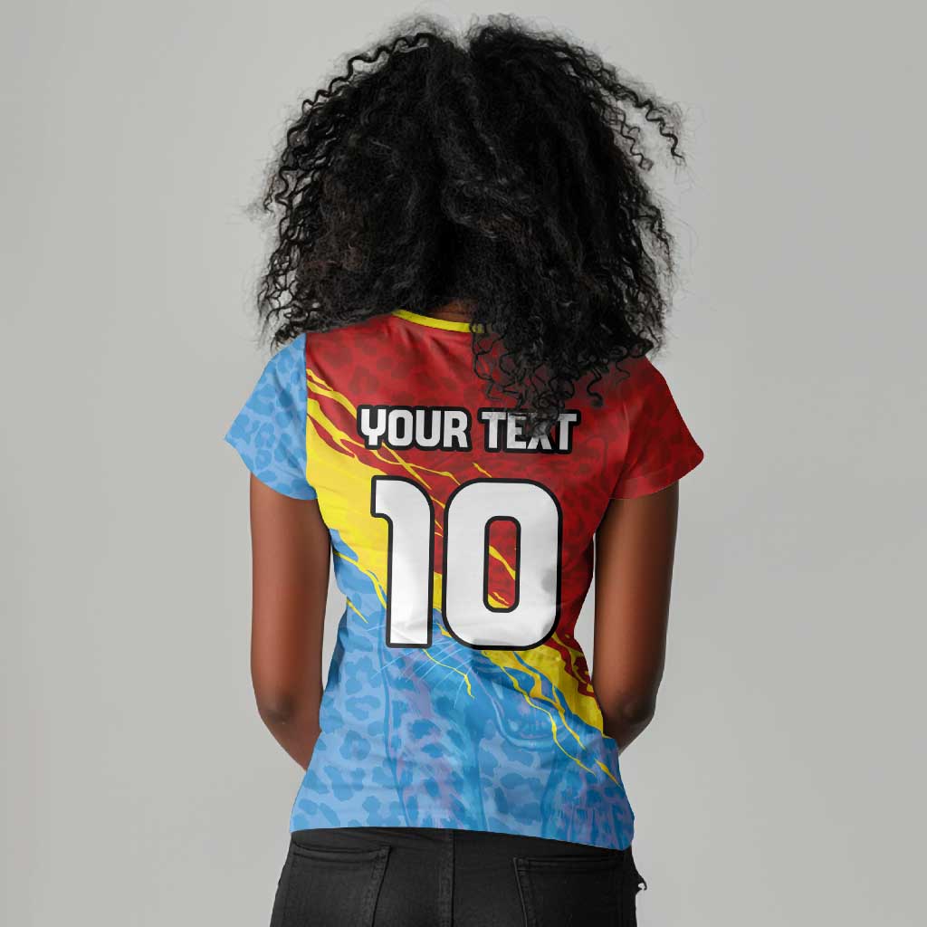 Custom DR Congo Leopards Football Women V-Neck T-Shirt Abstract Leopard Pattern With National Colors And Crest