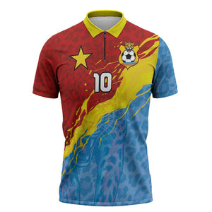 Custom DR Congo Leopards Football Zipper Polo Shirt Abstract Leopard Pattern With National Colors And Crest