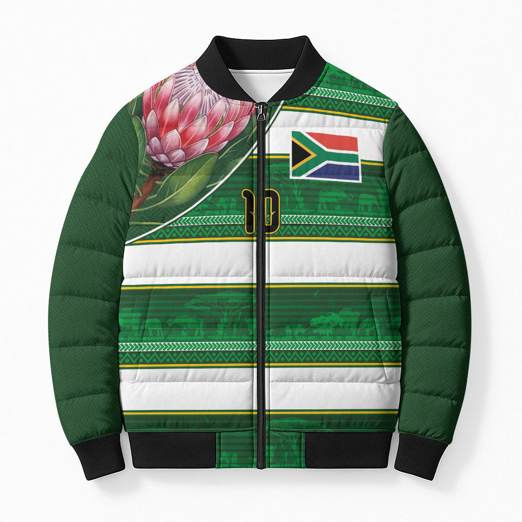 Custom South Africa Football Bomber Puffer Jacket King Protea with African Heritage Stripes Style