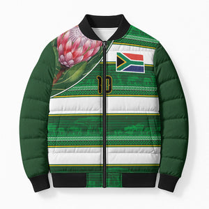 Custom South Africa Football Bomber Puffer Jacket King Protea with African Heritage Stripes Style
