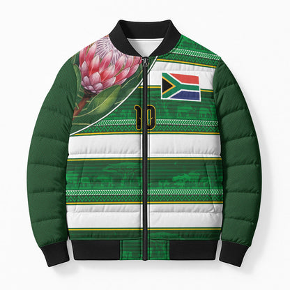 Custom South Africa Football Bomber Puffer Jacket King Protea with African Heritage Stripes Style