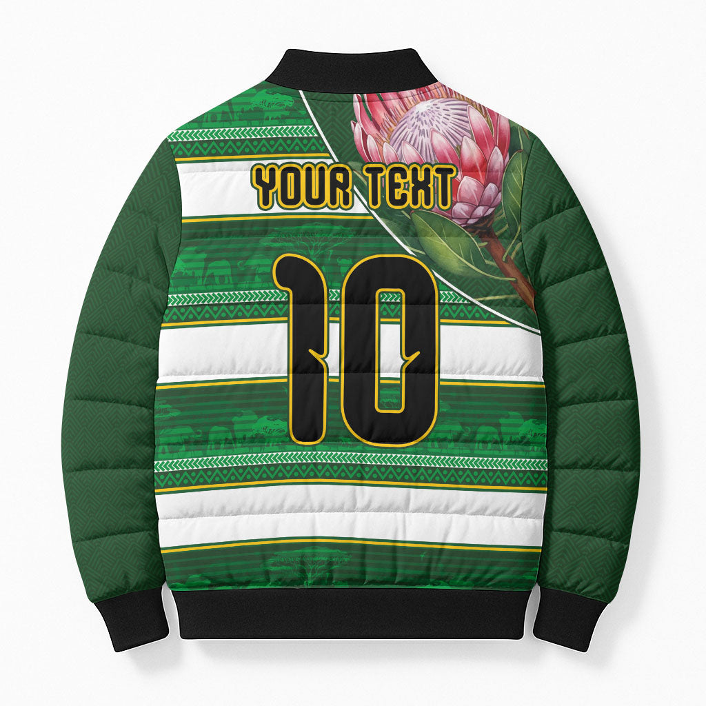 Custom South Africa Football Bomber Puffer Jacket King Protea with African Heritage Stripes Style