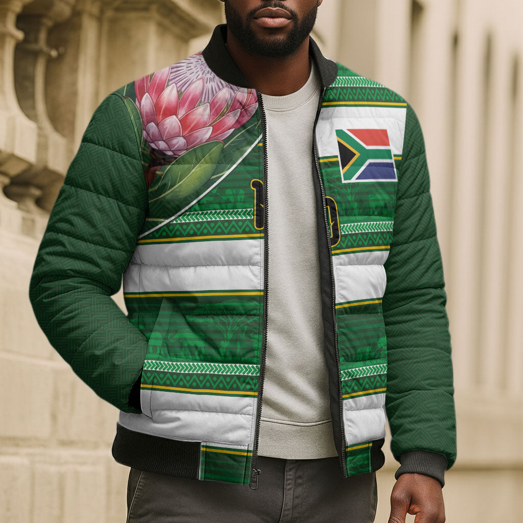 Custom South Africa Football Bomber Puffer Jacket King Protea with African Heritage Stripes Style