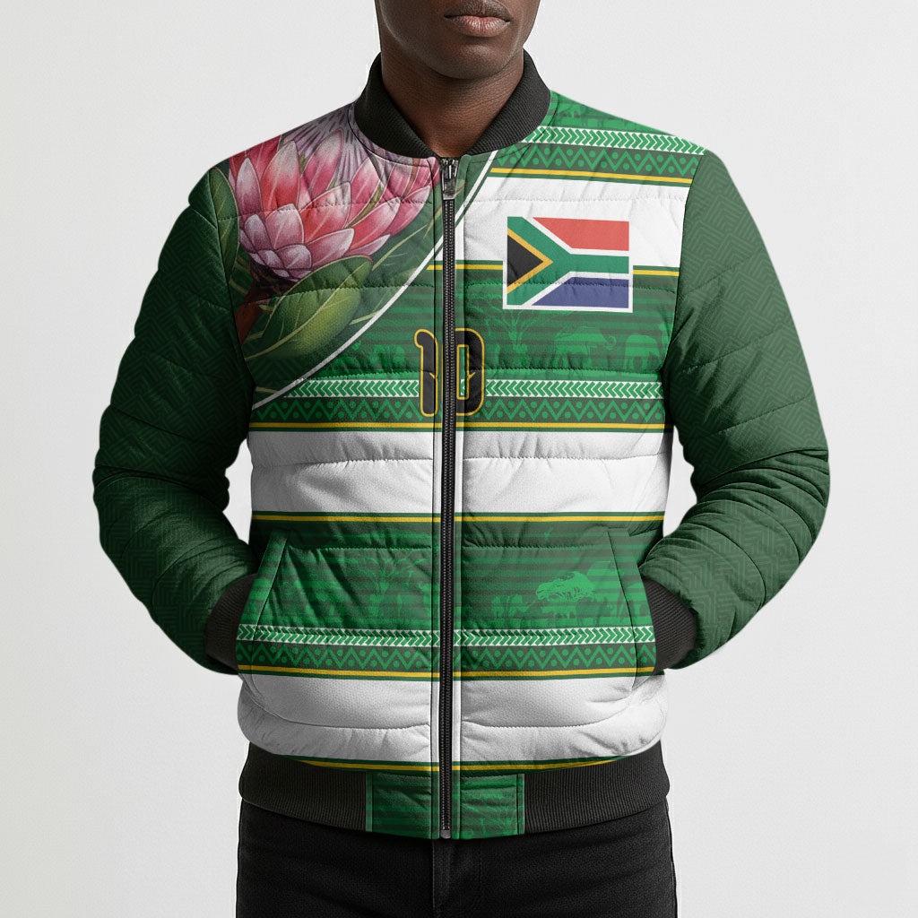 Custom South Africa Football Bomber Puffer Jacket King Protea with African Heritage Stripes Style