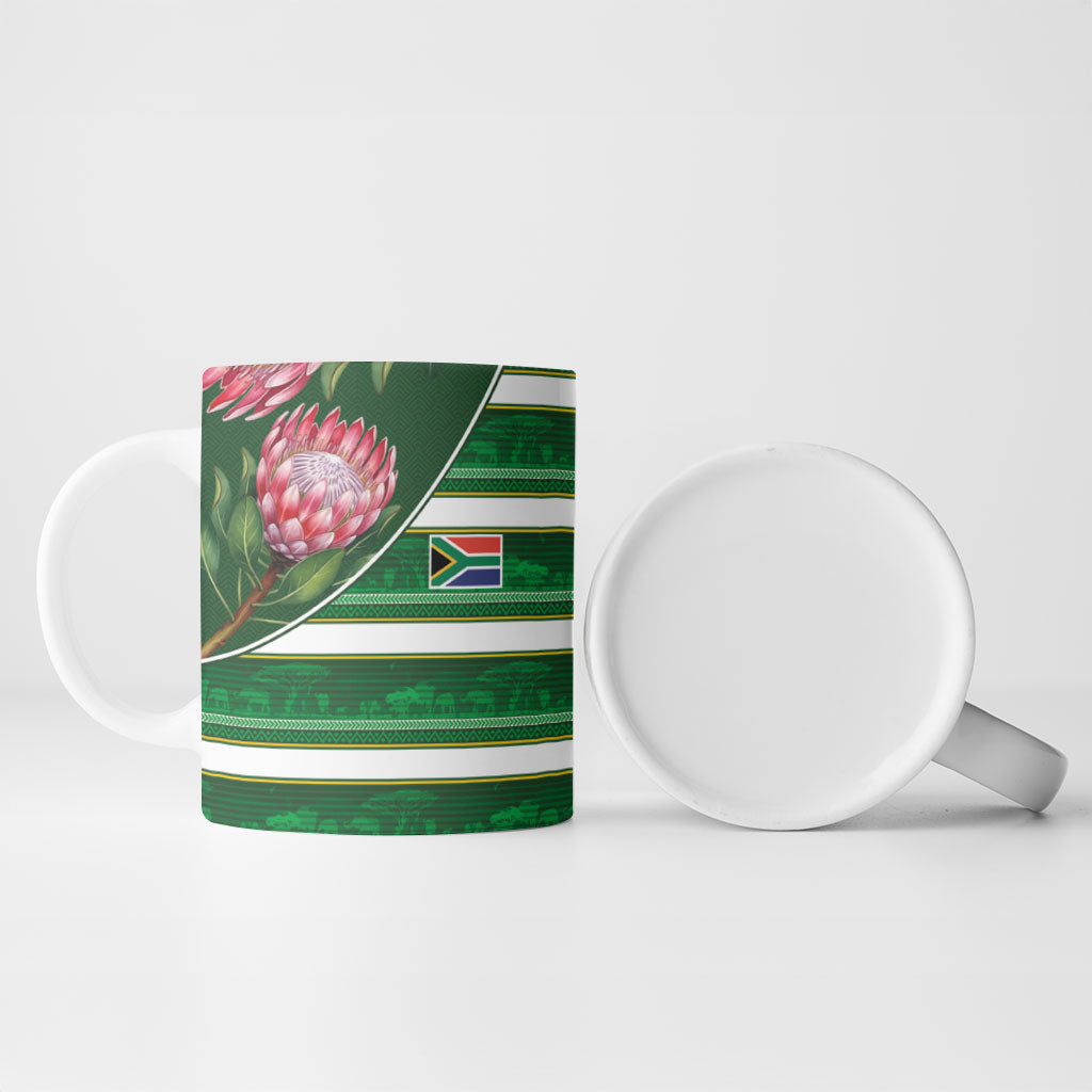 Custom South Africa Football Ceramic Mug King Protea with African Heritage Stripes Style