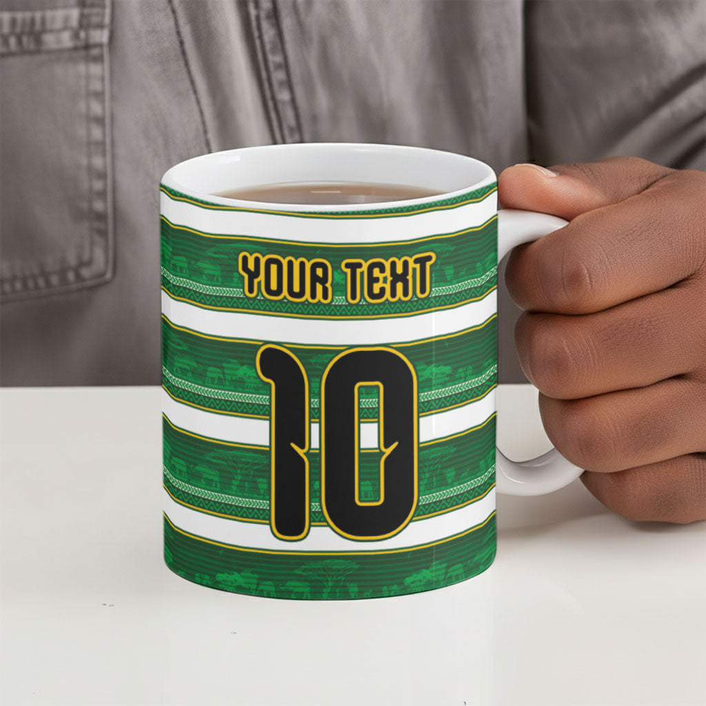 Custom South Africa Football Ceramic Mug King Protea with African Heritage Stripes Style