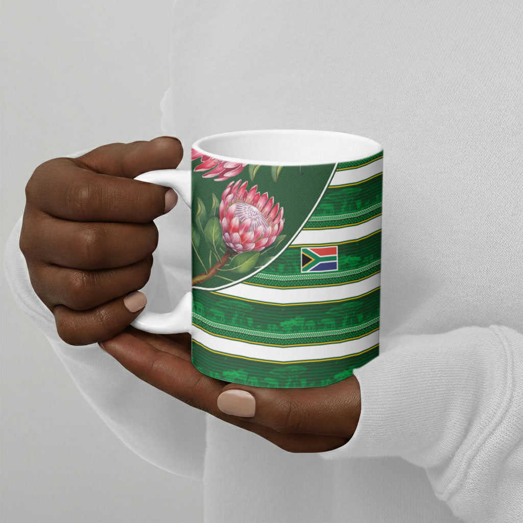 Custom South Africa Football Ceramic Mug King Protea with African Heritage Stripes Style