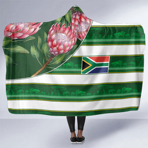 South Africa Football Hooded Blanket King Protea with African Heritage Stripes Style
