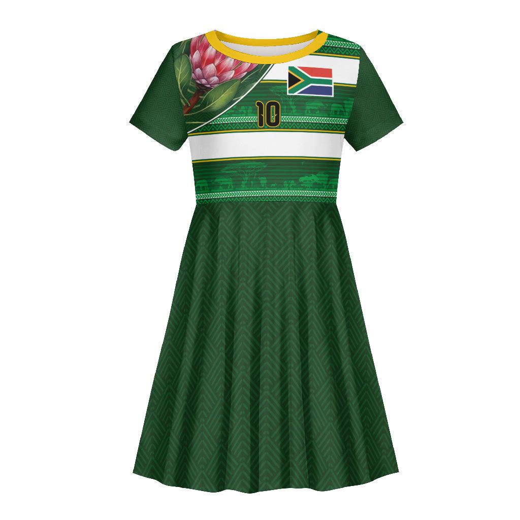 Custom South Africa Football Kid Short Sleeve Dress King Protea with African Heritage Stripes Style