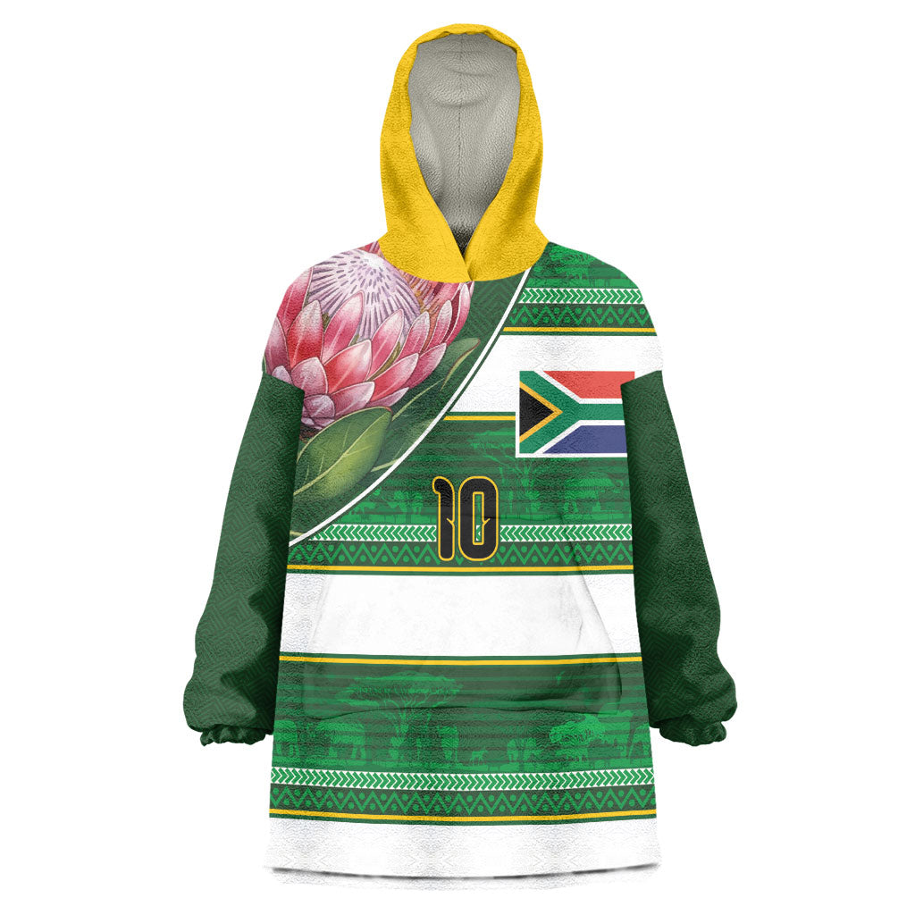 Custom South Africa Football Kid Wearable Blanket Hoodie King Protea with African Heritage Stripes Style